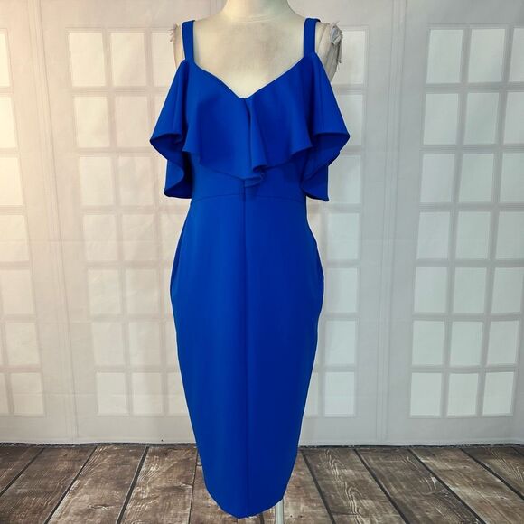 Rachel Roy Cold Shoulder blue flounce pencil Dress Size Large - Picture 2 of 12